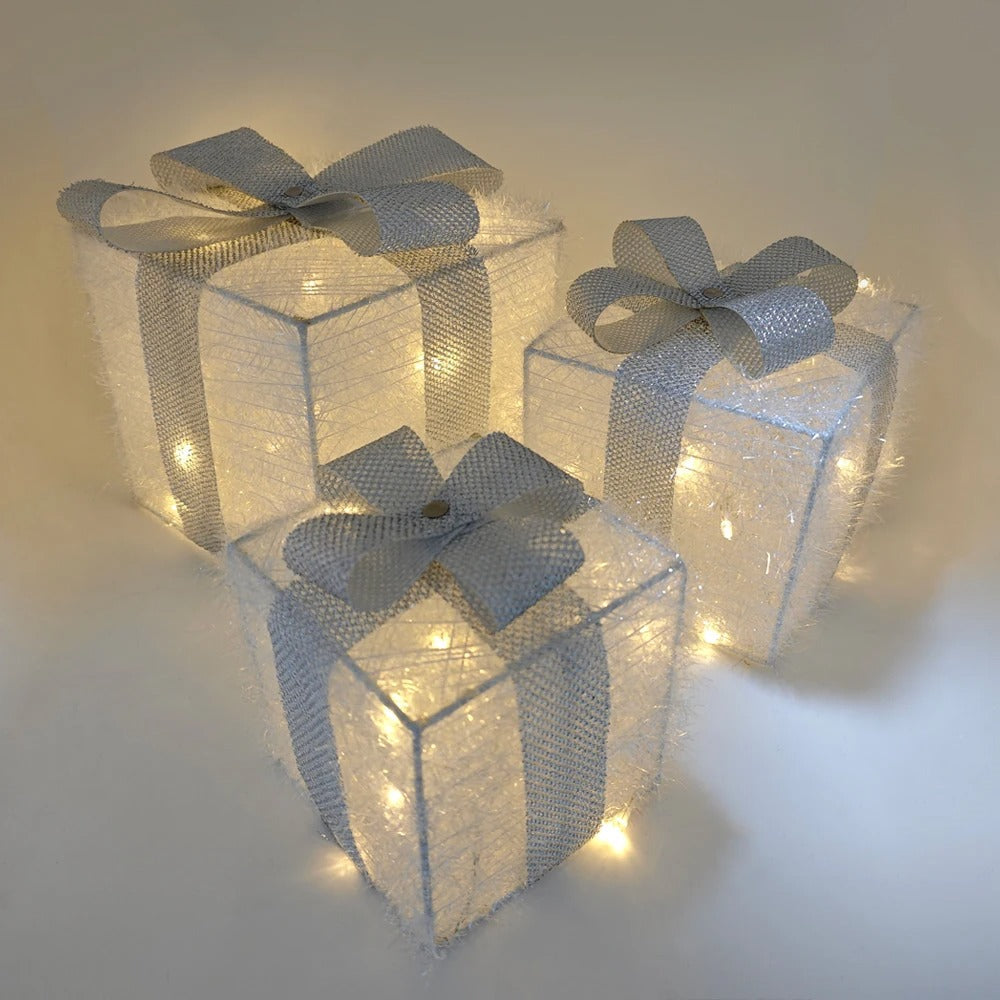 Conjunto 3 Caixas de Presente Natalina Iluminada com Laço