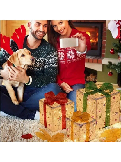 Conjunto Caixa de Presente Natalina Iluminada com Laço Decorativo