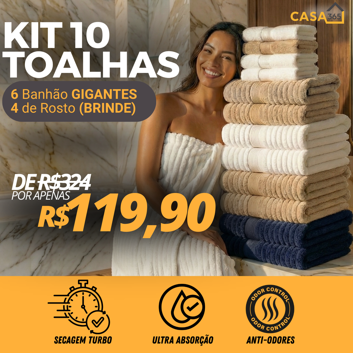 Kit 6 Toalhas Premium Algodão Turco + 4 Rosto (BRINDE)