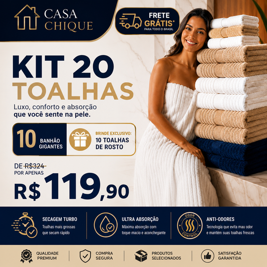 Kit 10 Toalhas de Premium Algodão Turco + 10 Rosto (BRINDE)