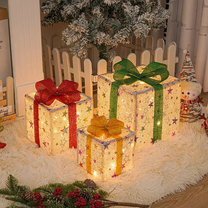 Conjunto Caixa de Presente Natalina Iluminada com Laço Decorativo