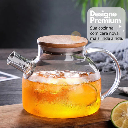 Chaleira de Vidro 1L com Coador Tampa de Bambu Premium