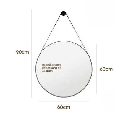 Espelho Redondo Decorativo com Alça em Couro 60cm