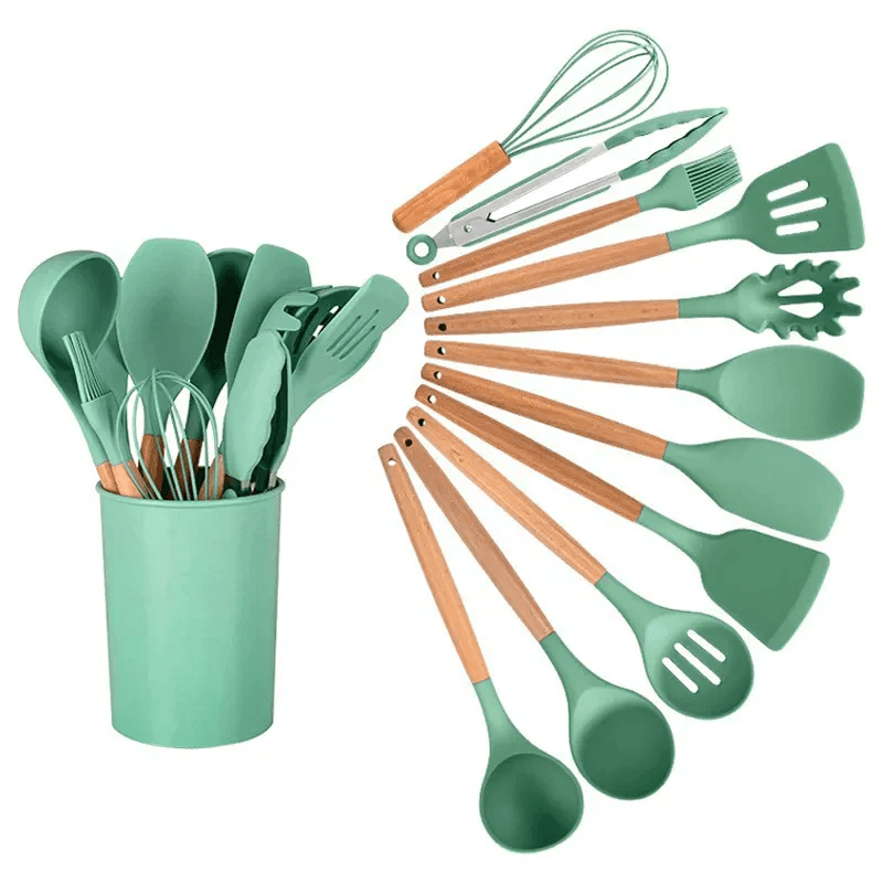 Kit Utensílios de Silicone com Cabo de Madeira (12 Peças)