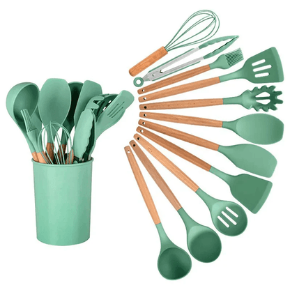 Kit Utensílios de Silicone com Cabo de Madeira (12 Peças)