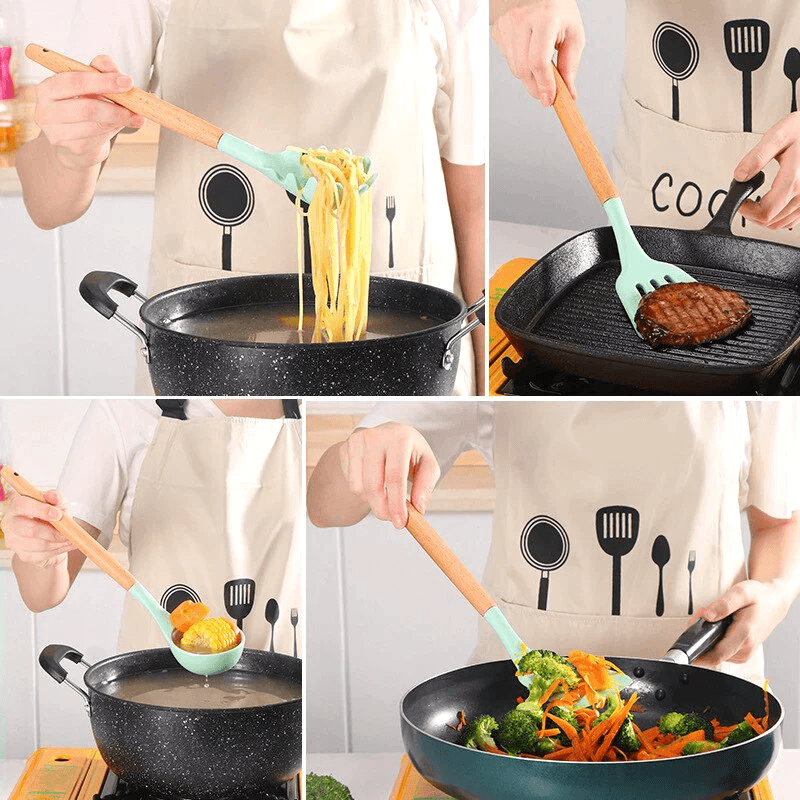 Kit Utensílios de Silicone com Cabo de Madeira (12 Peças)