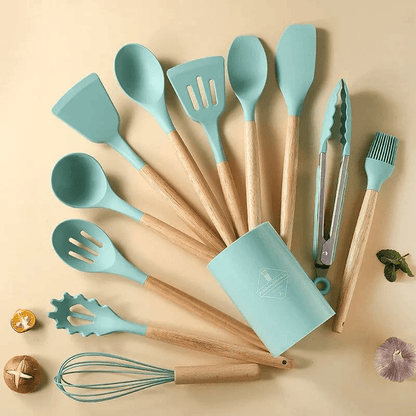 Kit Utensílios de Silicone com Cabo de Madeira (12 Peças)