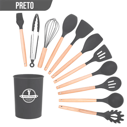 Kit Utensílios de Silicone com Cabo de Madeira (12 Peças)
