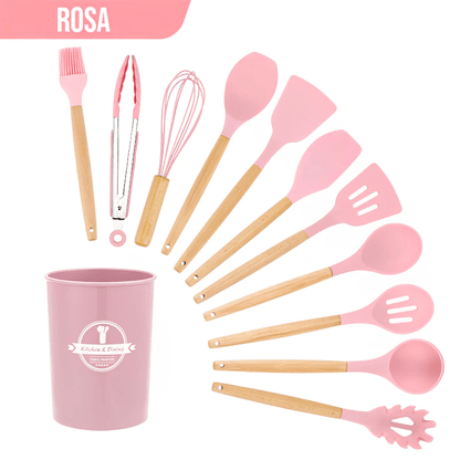 Kit Utensílios de Silicone com Cabo de Madeira (12 Peças)