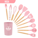 Kit Utensílios de Silicone com Cabo de Madeira (12 Peças)