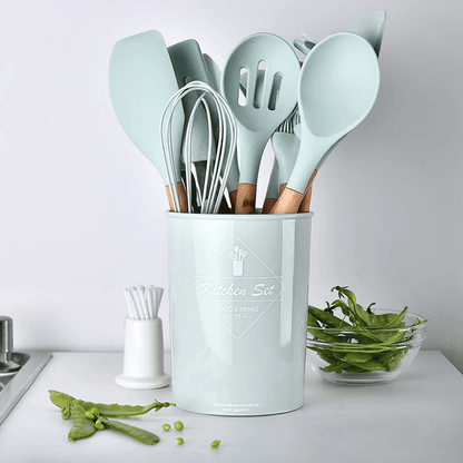 Kit Utensílios de Silicone com Cabo de Madeira (12 Peças)