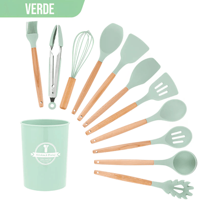 Kit Utensílios de Silicone com Cabo de Madeira (12 Peças)